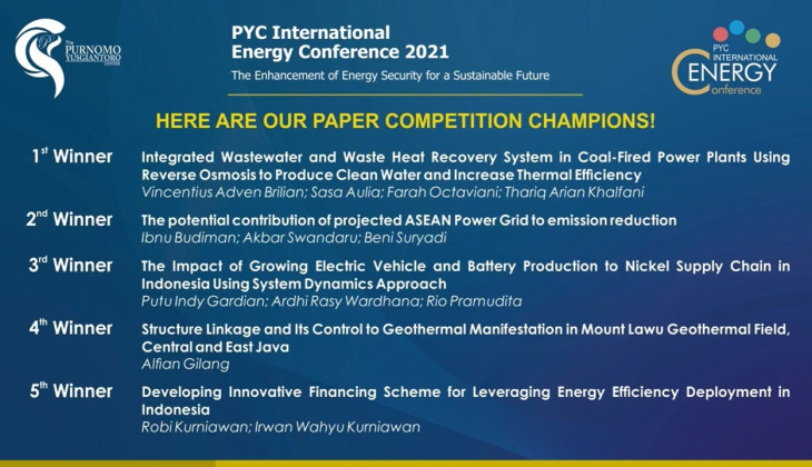 Tim Mahasiswa UGM Juara 1 Paper Competition - Purnomo Yusgiantoro Center (PYC) International Energy Conference 2021