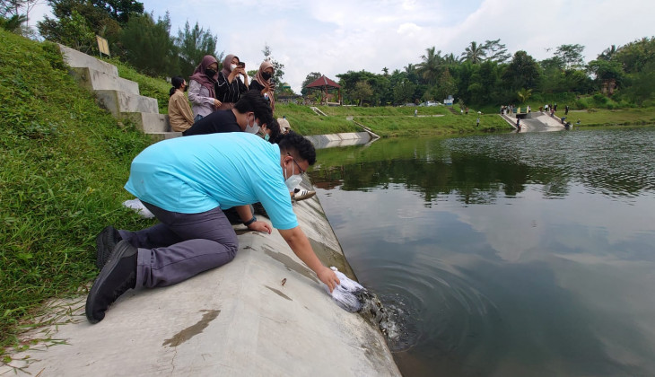 Departemen Perikanan UGM Kembangkan Perairan Embung Kaliaji Dengan Tebar Benih Ikan