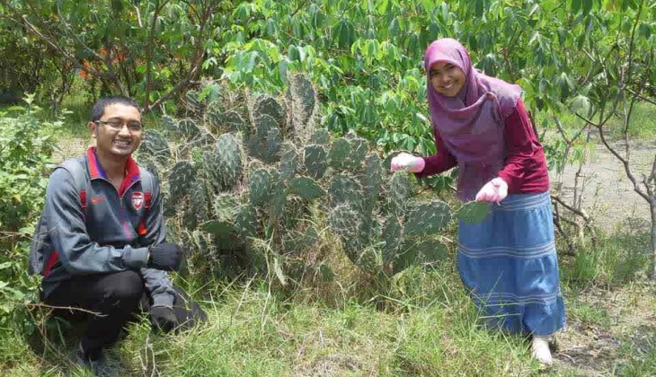 Ditya Devale bersama Khairunnisa saat mengumpulkan kaktus centong di Pantai Samas
