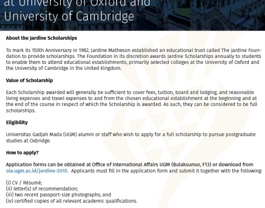 Jardine Foundation Scholarship for Postgraduate Studies at University of Oxford and University of Cambridge